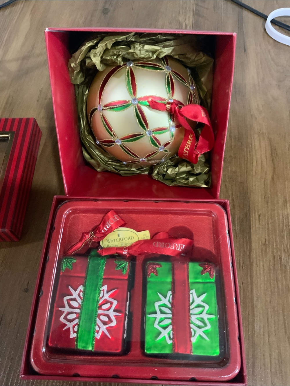 Waterford Holiday 2 Ornament Set - Red, Green & Gold Glass Baubles